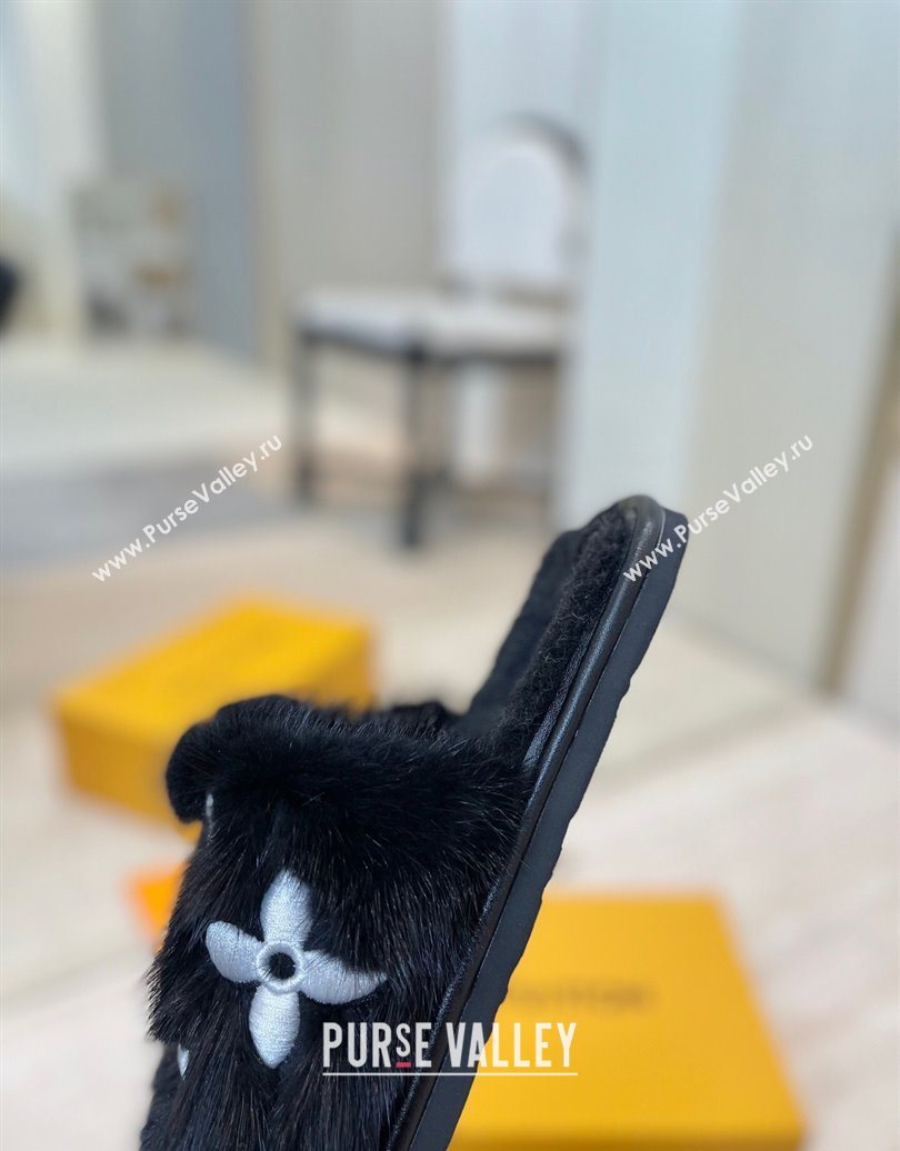 Louis Vuitton Mink Fur and Wool Flat Slides Sandal Black 2025 LV102207 (MD-251022131)