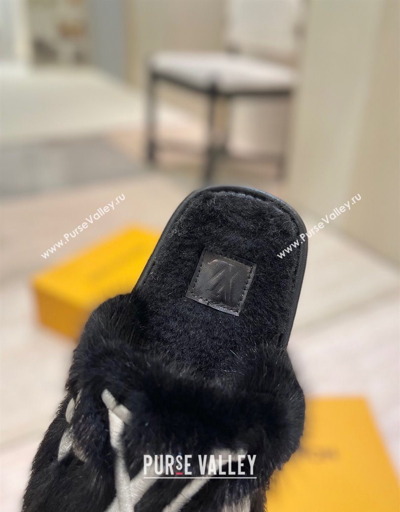 Louis Vuitton Mink Fur and Wool Flat Slides Sandal Black 2025 LV102207 (MD-251022131)