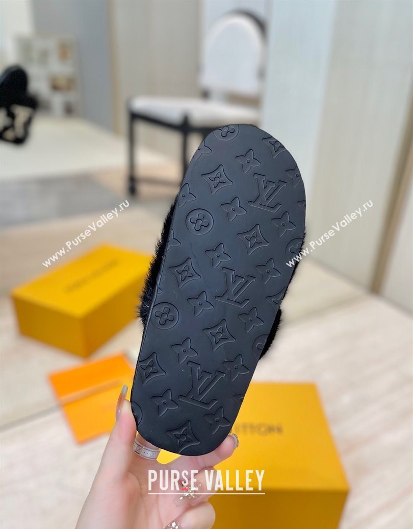 Louis Vuitton Mink Fur and Wool Flat Slides Sandal Black 2025 LV102207 (MD-251022131)