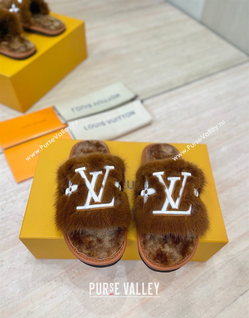 Louis Vuitton Mink Fur and Wool Flat Slides Sandal Brown 2025 LV102207 (MD-251022132)