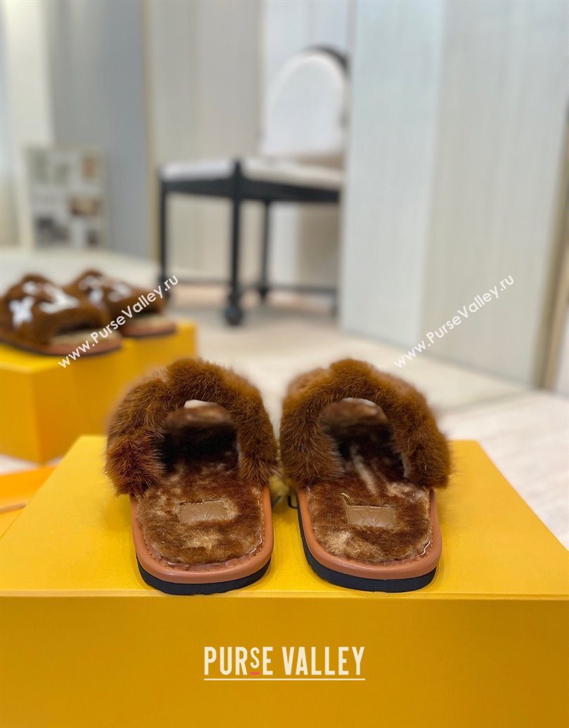 Louis Vuitton Mink Fur and Wool Flat Slides Sandal Brown 2025 LV102207 (MD-251022132)