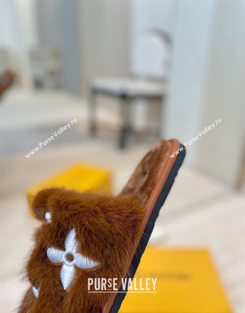 Louis Vuitton Mink Fur and Wool Flat Slides Sandal Brown 2025 LV102207 (MD-251022132)