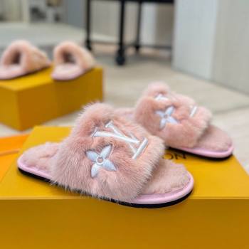 Louis Vuitton Mink Fur and Wool Flat Slides Sandal Pink 2025 LV102207 (MD-251022133)