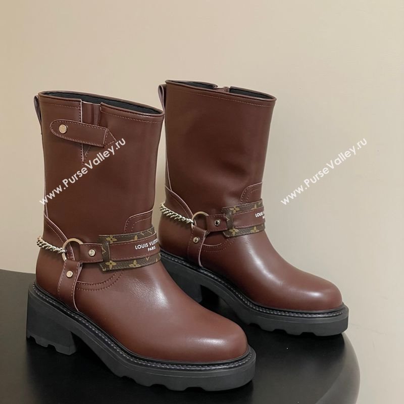 Louis Vuitton LV Beaubourg Ankle Boots 4cm in Leather with Chain Strap Brown 2025 1AIBQR (MD-251022052)