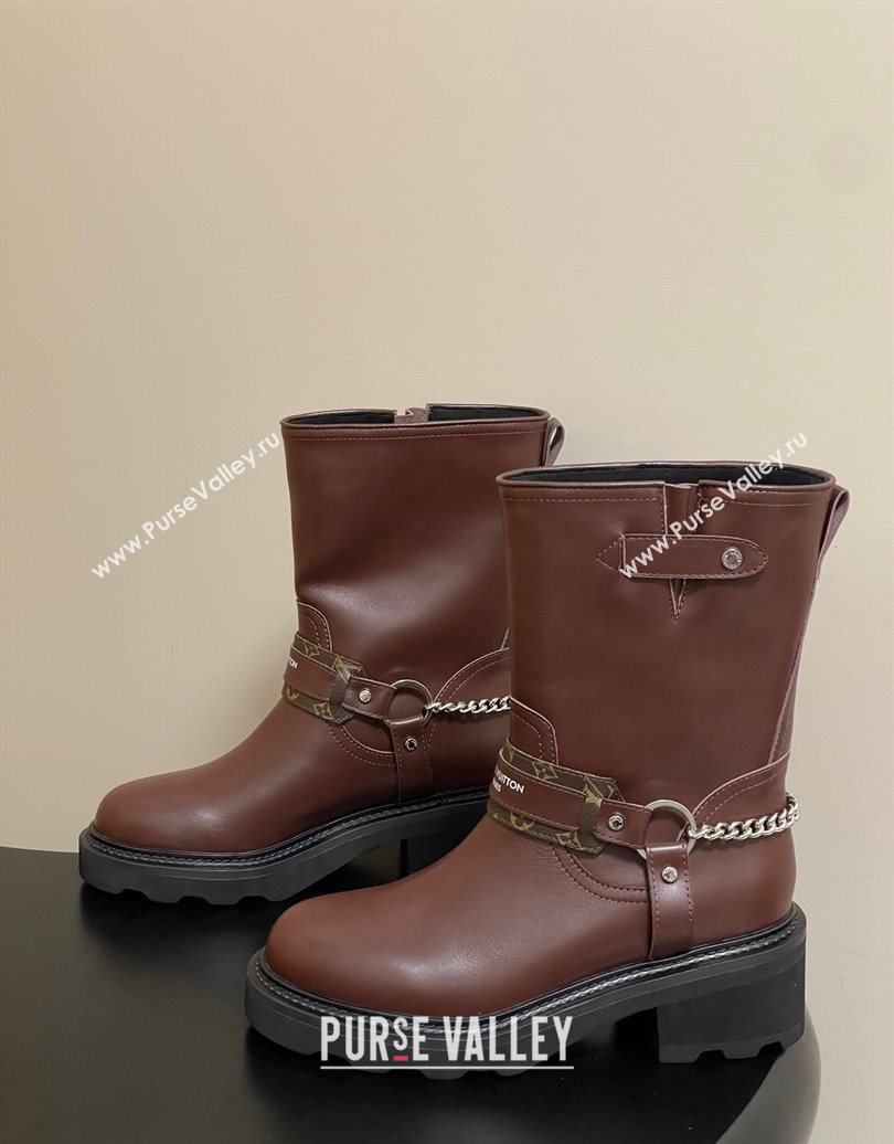 Louis Vuitton LV Beaubourg Ankle Boots 4cm in Leather with Chain Strap Brown 2025 1AIBQR (MD-251022052)