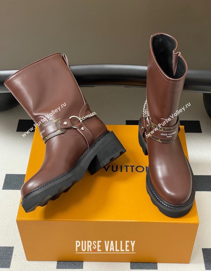 Louis Vuitton LV Beaubourg Ankle Boots 4cm in Leather with Chain Strap Brown 2025 1AIBQR (MD-251022052)