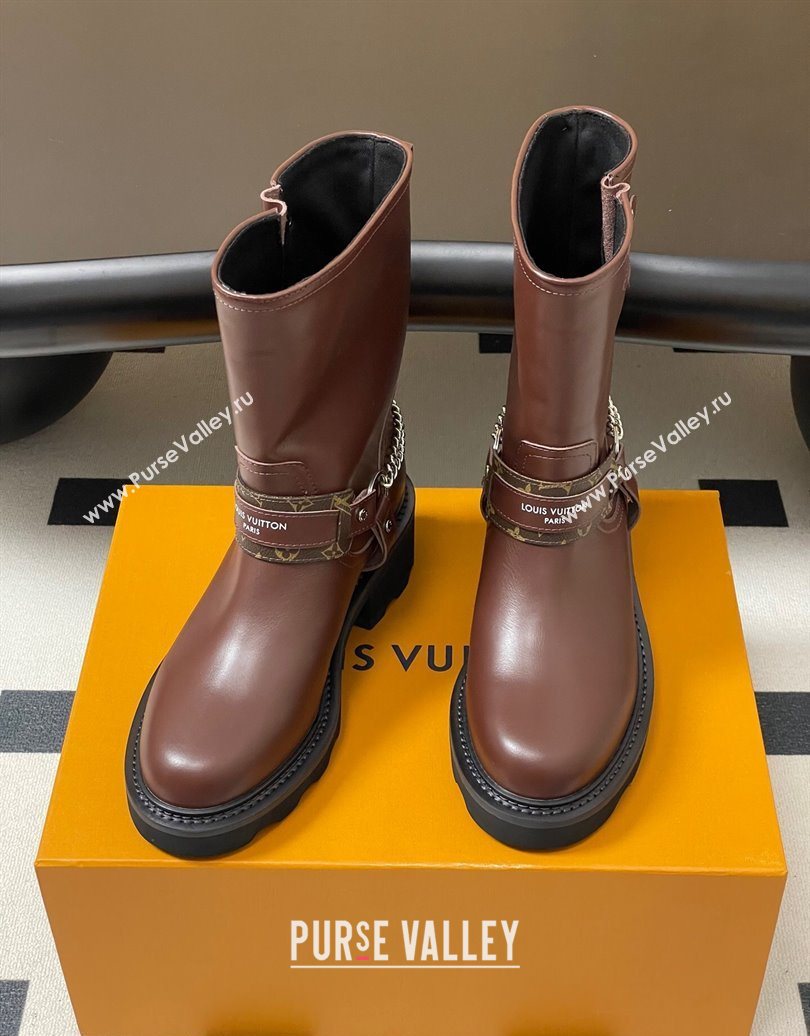 Louis Vuitton LV Beaubourg Ankle Boots 4cm in Leather with Chain Strap Brown 2025 1AIBQR (MD-251022052)