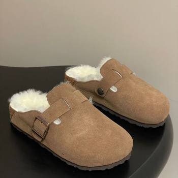 Louis Vuitton x Birkenstock Flat Mules with Buckle Strap in Suede and Wool Light Brown 2025 1022 (MD-251022116)