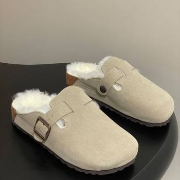 Louis Vuitton x Birkenstock Flat Mules with Buckle Strap in Suede and Wool Grey 2025 1022 (MD-251022117)