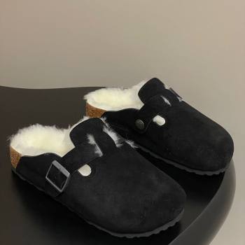 Louis Vuitton x Birkenstock Flat Mules with Buckle Strap in Suede and Wool Black 2025 1022 (MD-251022115)