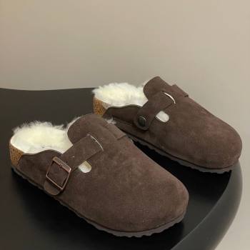 Louis Vuitton x Birkenstock Flat Mules with Buckle Strap in Suede and Wool Dark Brown 2025 1022 (MD-251022118)