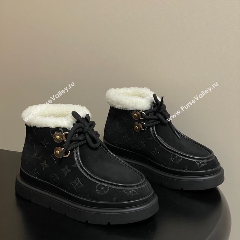 Louis Vuitton Cortina Platform Low Boots 5cm in Suede and Wool Black 2025 1AIUFW (KL-251219068)