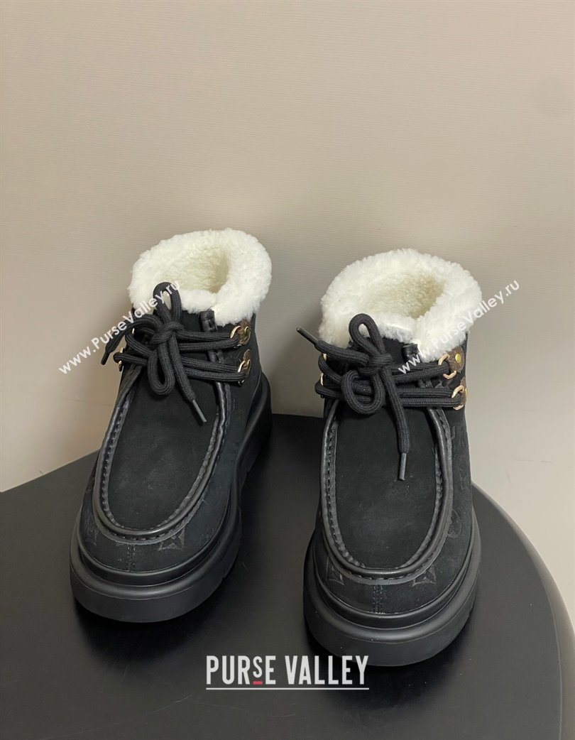 Louis Vuitton Cortina Platform Low Boots 5cm in Suede and Wool Black 2025 1AIUFW (KL-251219068)