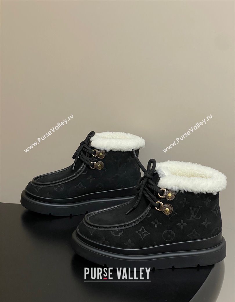 Louis Vuitton Cortina Platform Low Boots 5cm in Suede and Wool Black 2025 1AIUFW (KL-251219068)