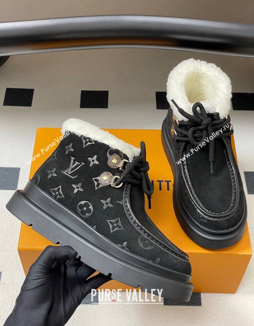 Louis Vuitton Cortina Platform Low Boots 5cm in Suede and Wool Black 2025 1AIUFW (KL-251219068)