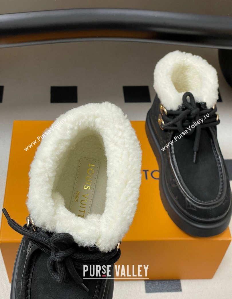 Louis Vuitton Cortina Platform Low Boots 5cm in Suede and Wool Black 2025 1AIUFW (KL-251219068)