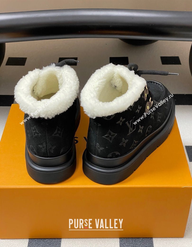 Louis Vuitton Cortina Platform Low Boots 5cm in Suede and Wool Black 2025 1AIUFW (KL-251219068)