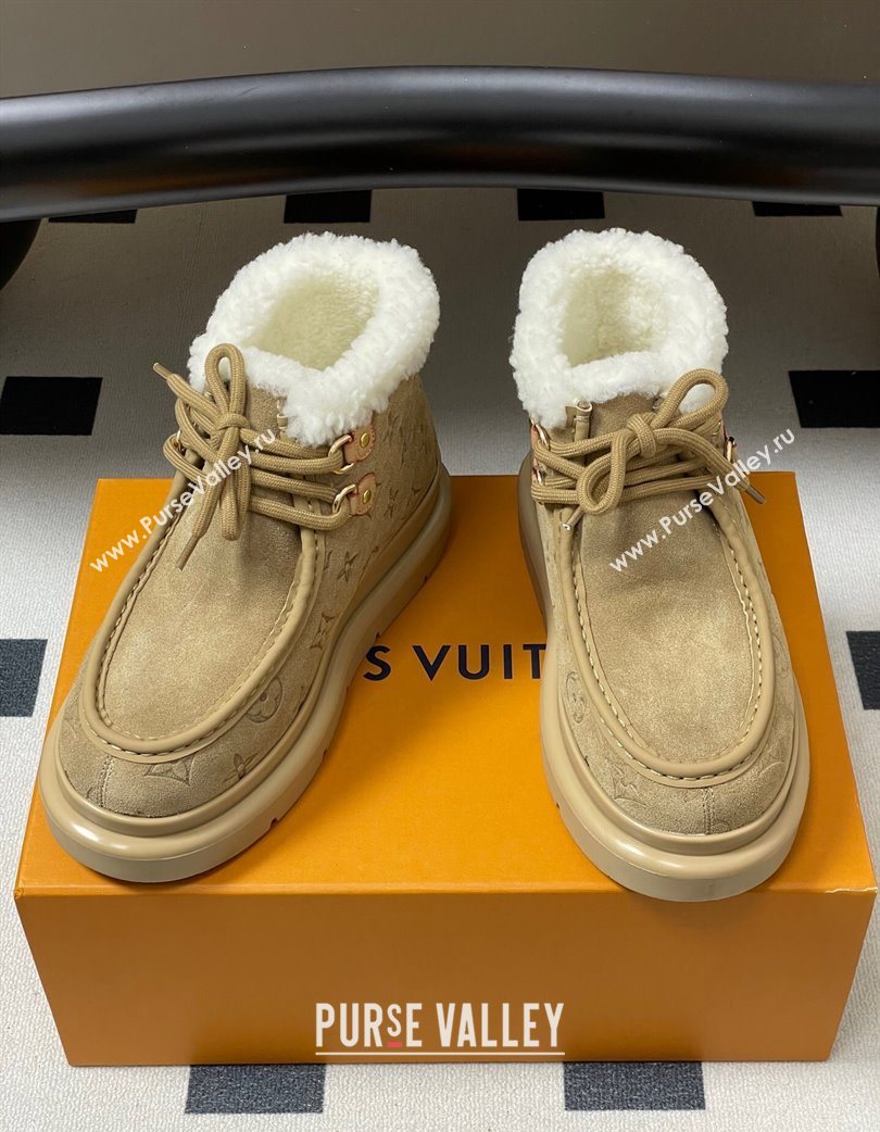 Louis Vuitton Cortina Platform Low Boots 5cm in Suede and Wool Beige 2025 1AIUFW (KL-251219069)