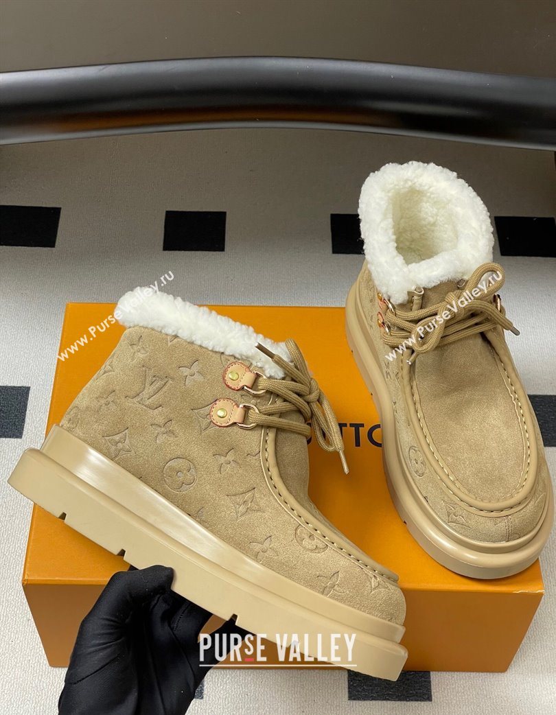 Louis Vuitton Cortina Platform Low Boots 5cm in Suede and Wool Beige 2025 1AIUFW (KL-251219069)