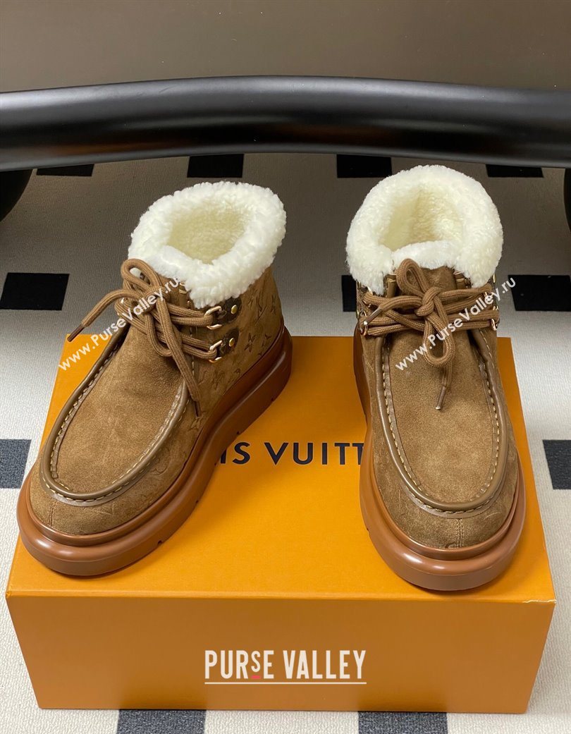 Louis Vuitton Cortina Platform Low Boots 5cm in Suede and Wool Brown 2025 1AIUFW (KL-251219070)