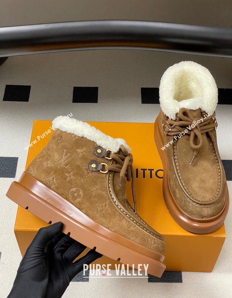 Louis Vuitton Cortina Platform Low Boots 5cm in Suede and Wool Brown 2025 1AIUFW (KL-251219070)
