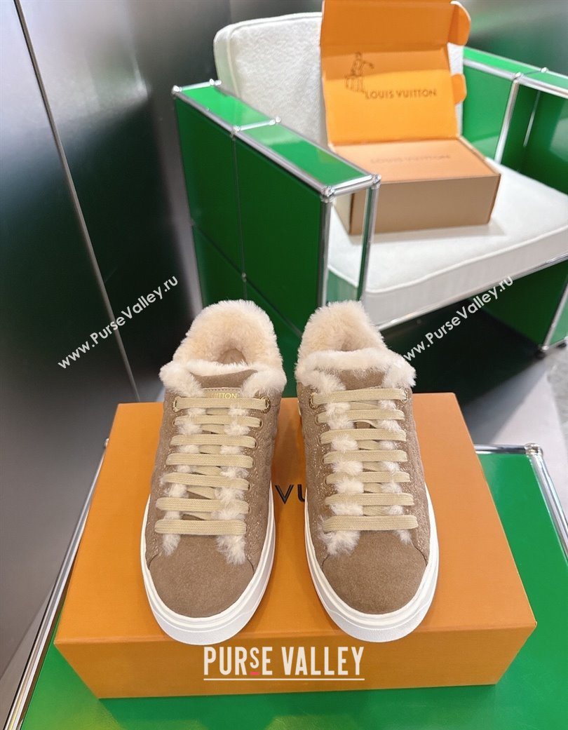 Louis Vuitton Time Out Sneakers in Monogram Embroidered Suede Light Brown 2025 1AIDIC (MD-251219095)
