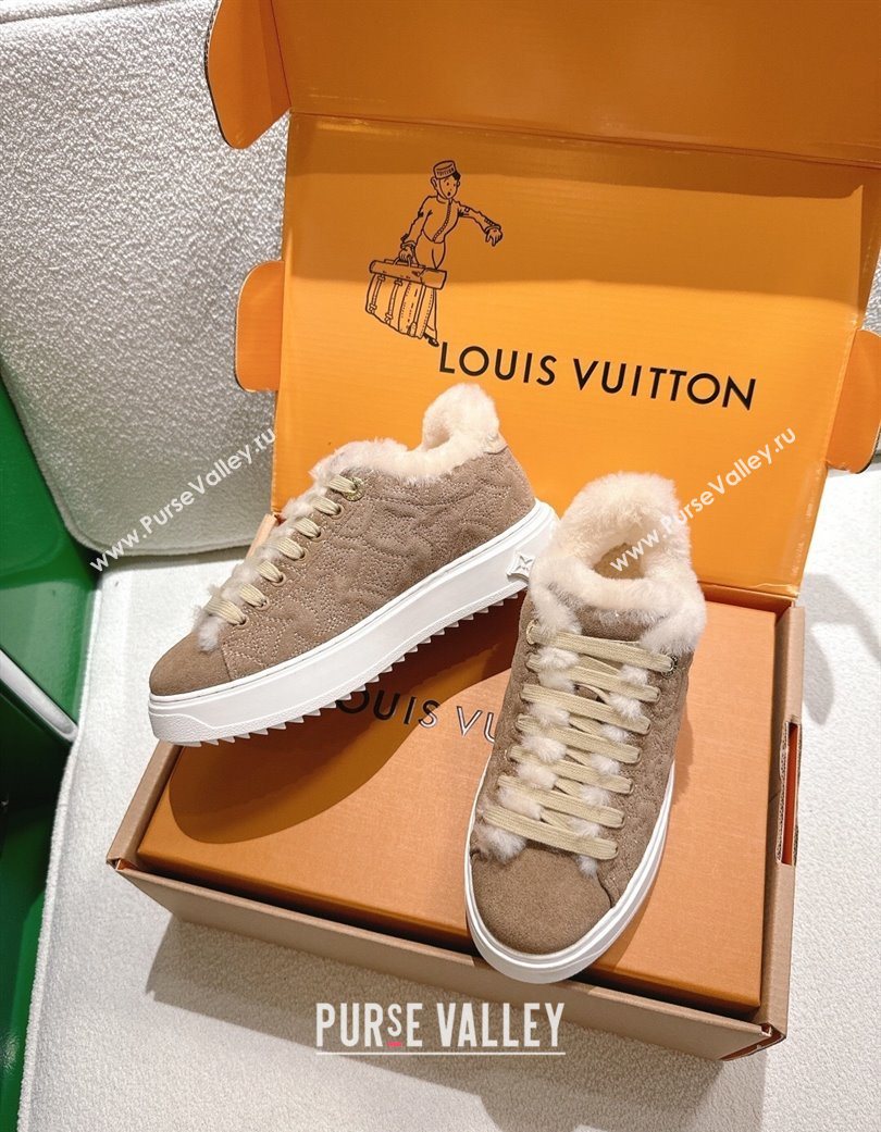 Louis Vuitton Time Out Sneakers in Monogram Embroidered Suede Light Brown 2025 1AIDIC (MD-251219095)