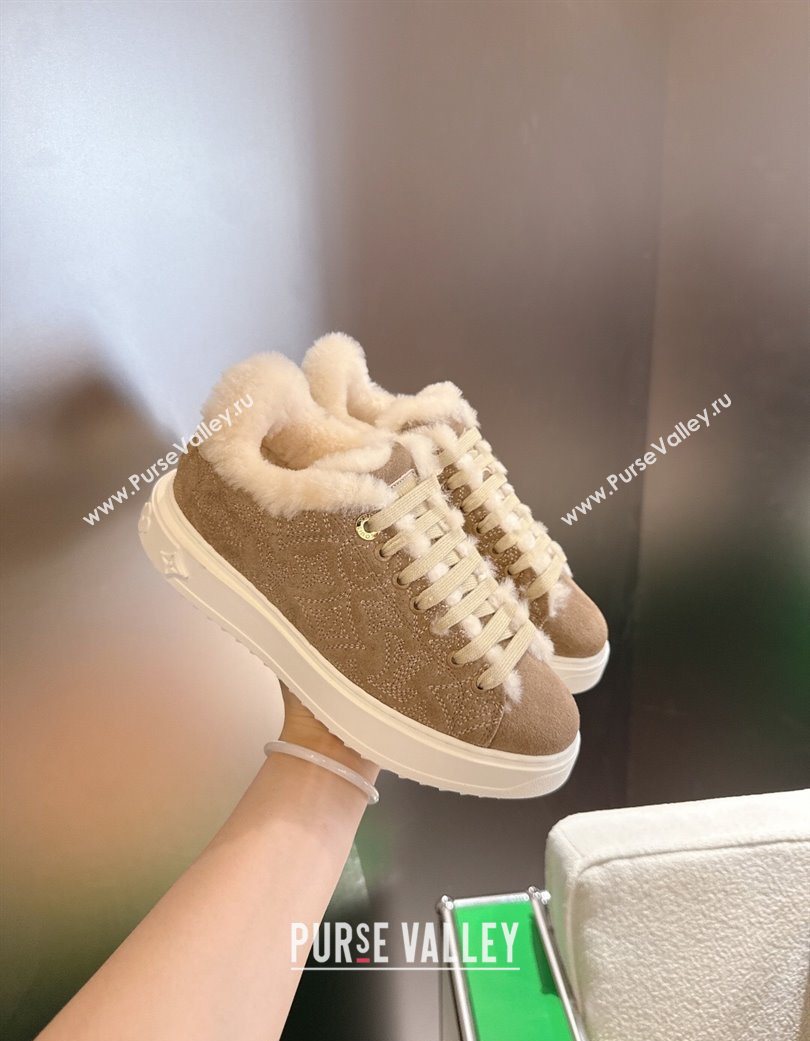 Louis Vuitton Time Out Sneakers in Monogram Embroidered Suede Light Brown 2025 1AIDIC (MD-251219095)