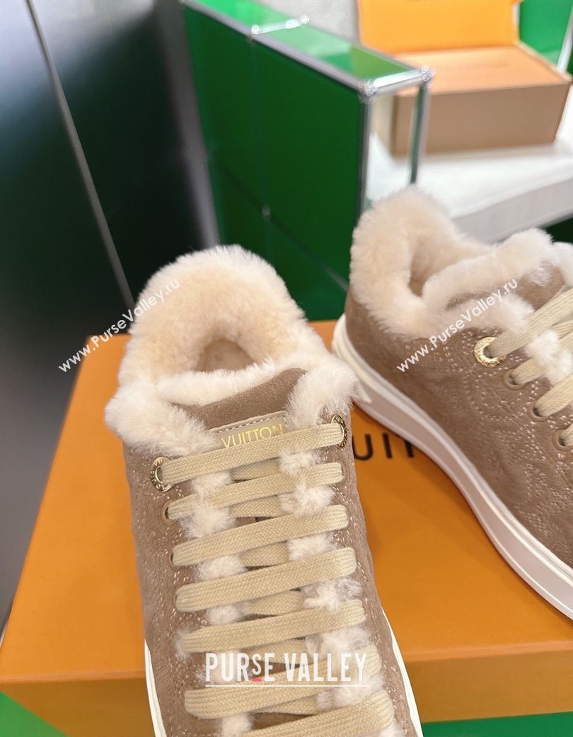 Louis Vuitton Time Out Sneakers in Monogram Embroidered Suede Light Brown 2025 1AIDIC (MD-251219095)