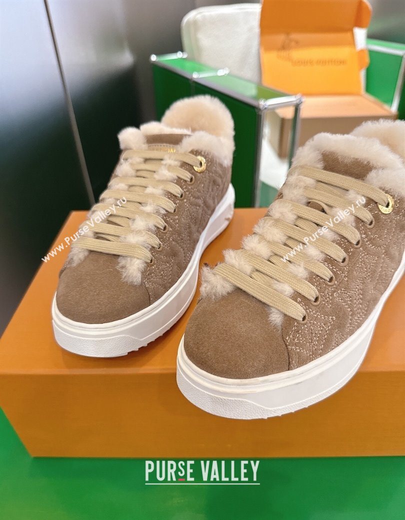 Louis Vuitton Time Out Sneakers in Monogram Embroidered Suede Light Brown 2025 1AIDIC (MD-251219095)
