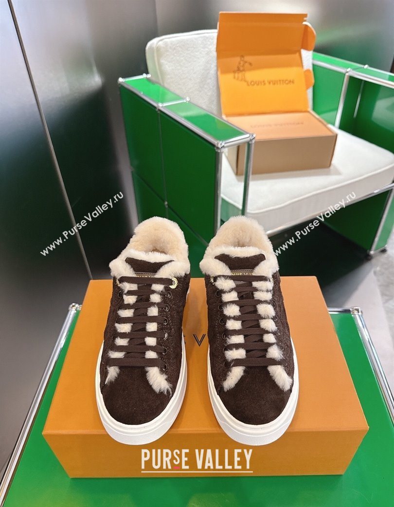 Louis Vuitton Time Out Sneakers in Monogram Embroidered Suede Chocolate Brown 2025 1AIDIC (MD-251219098)