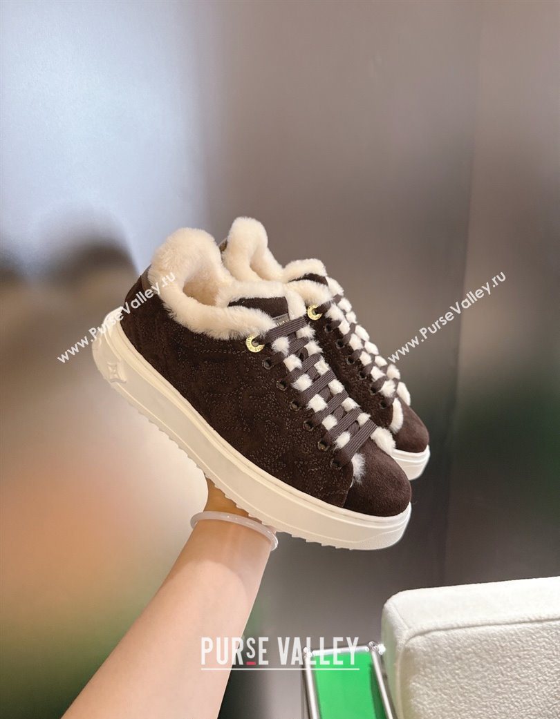 Louis Vuitton Time Out Sneakers in Monogram Embroidered Suede Chocolate Brown 2025 1AIDIC (MD-251219098)