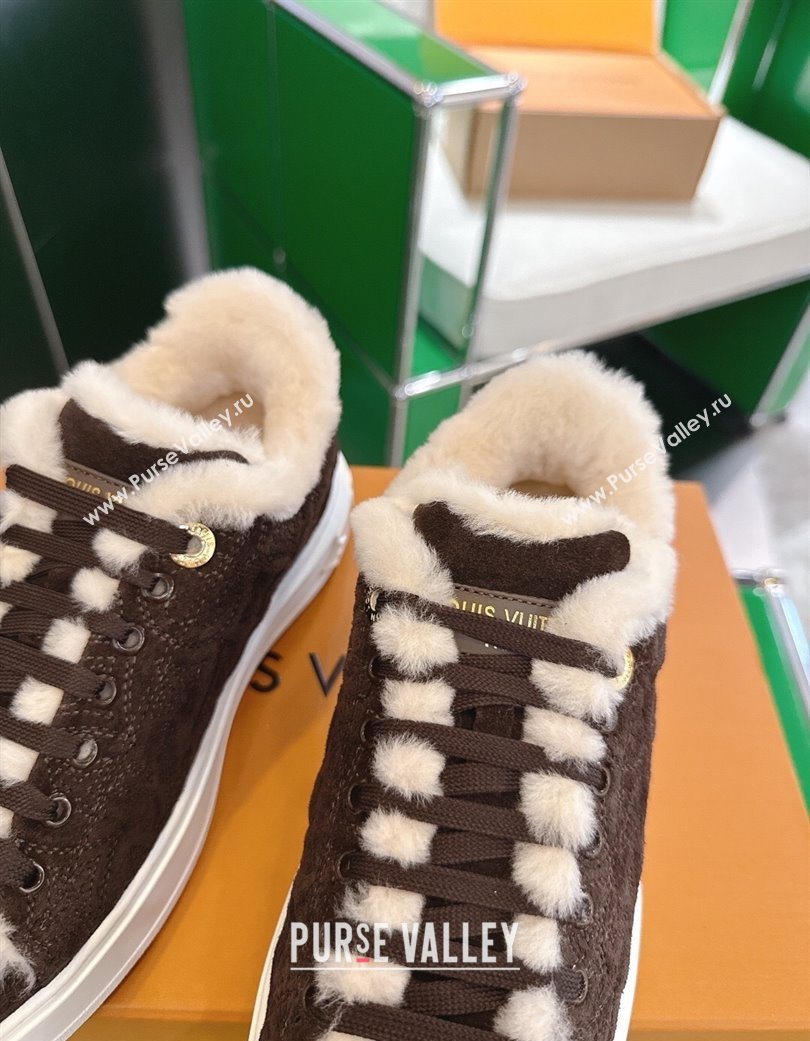 Louis Vuitton Time Out Sneakers in Monogram Embroidered Suede Chocolate Brown 2025 1AIDIC (MD-251219098)