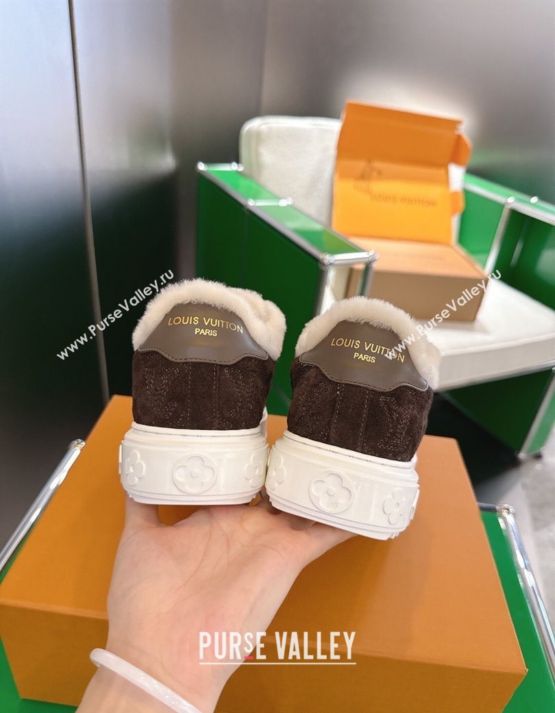 Louis Vuitton Time Out Sneakers in Monogram Embroidered Suede Chocolate Brown 2025 1AIDIC (MD-251219098)
