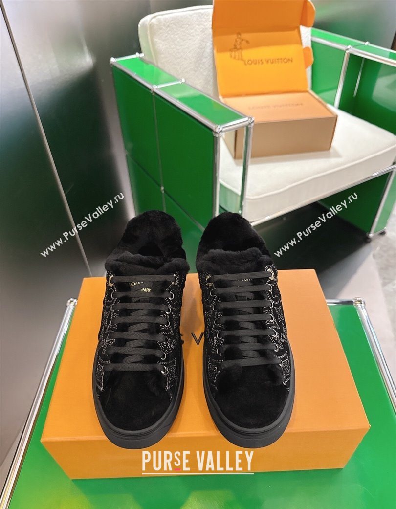 Louis Vuitton Time Out Sneakers in Monogram Embroidered Suede Black 2025 1AIDIC (MD-251219099)