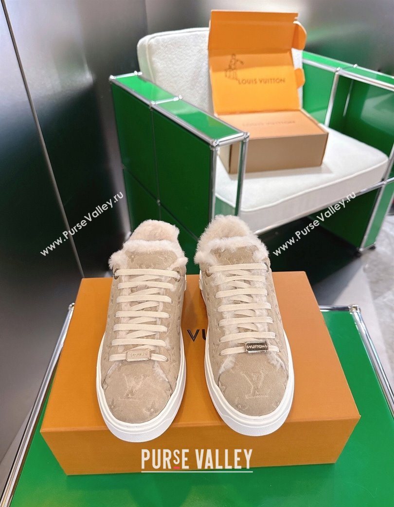 Louis Vuitton Time Out Sneakers in Monogram Embroidered Suede Beige 2025 1AIDIC (MD-251219100)