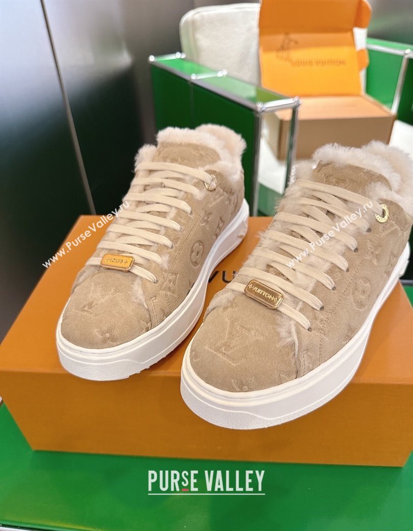Louis Vuitton Time Out Sneakers in Monogram Embroidered Suede Beige 2025 1AIDIC (MD-251219100)