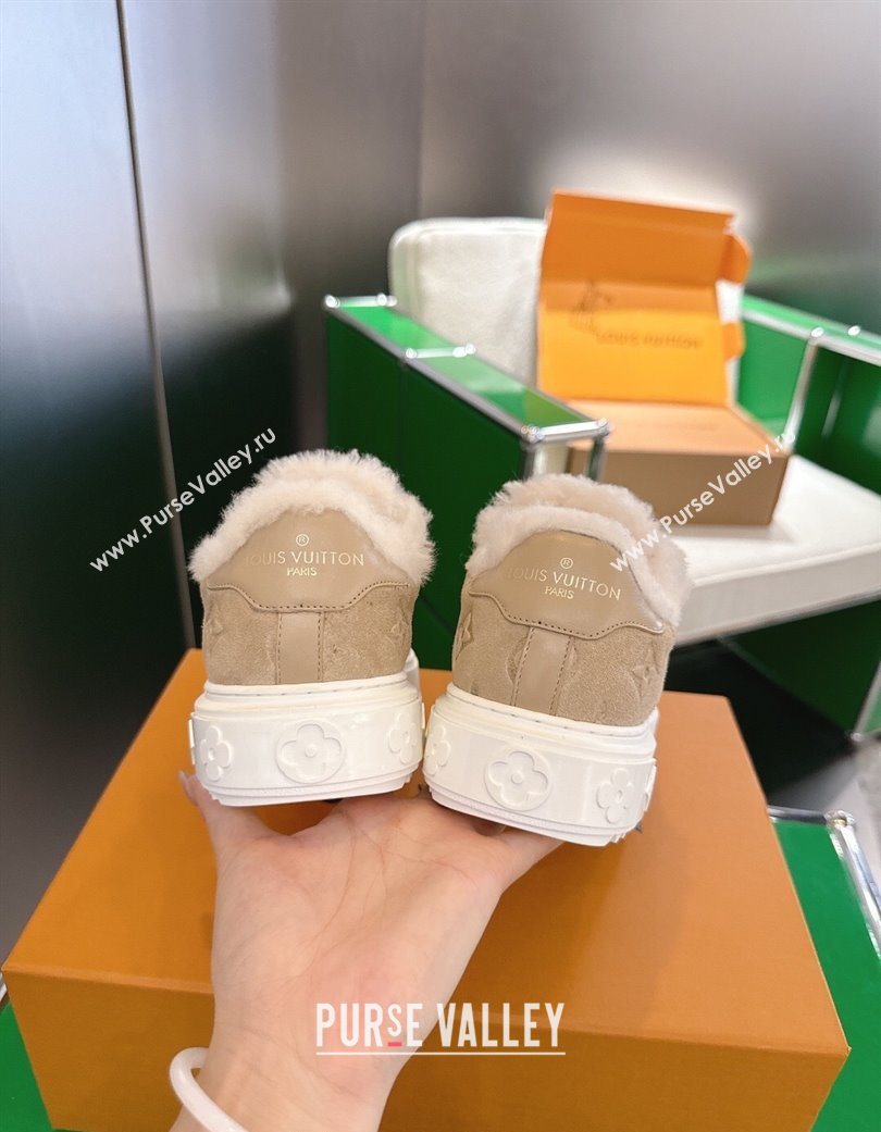 Louis Vuitton Time Out Sneakers in Monogram Embroidered Suede Beige 2025 1AIDIC (MD-251219100)