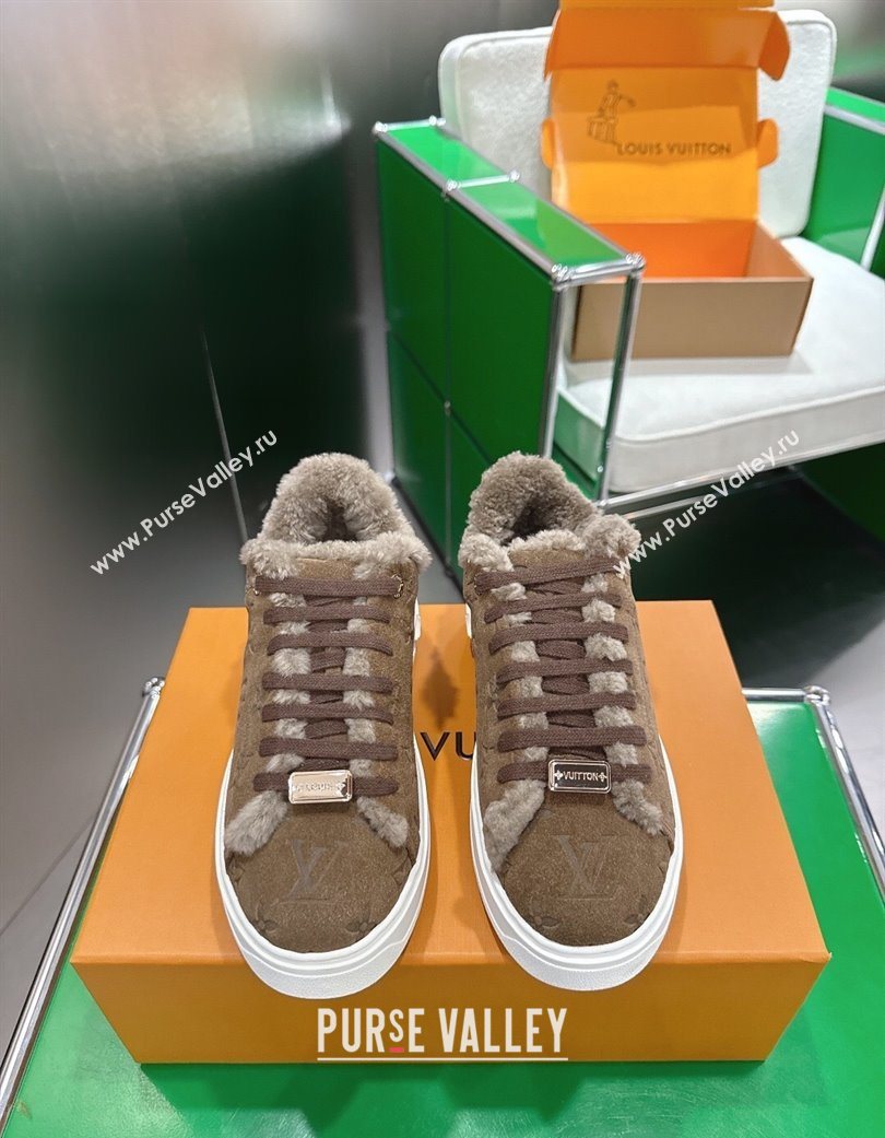Louis Vuitton Time Out Sneakers in Monogram Embroidered Suede Dark Brown 2025 1AIDIC (MD-251219101)