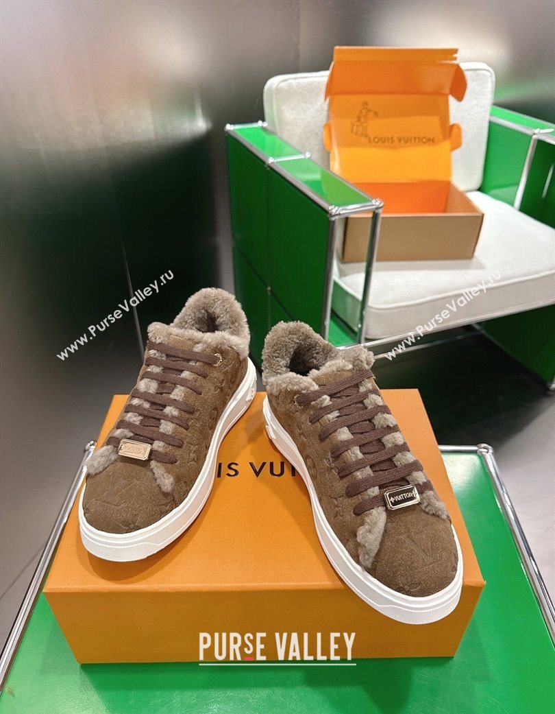 Louis Vuitton Time Out Sneakers in Monogram Embroidered Suede Dark Brown 2025 1AIDIC (MD-251219101)