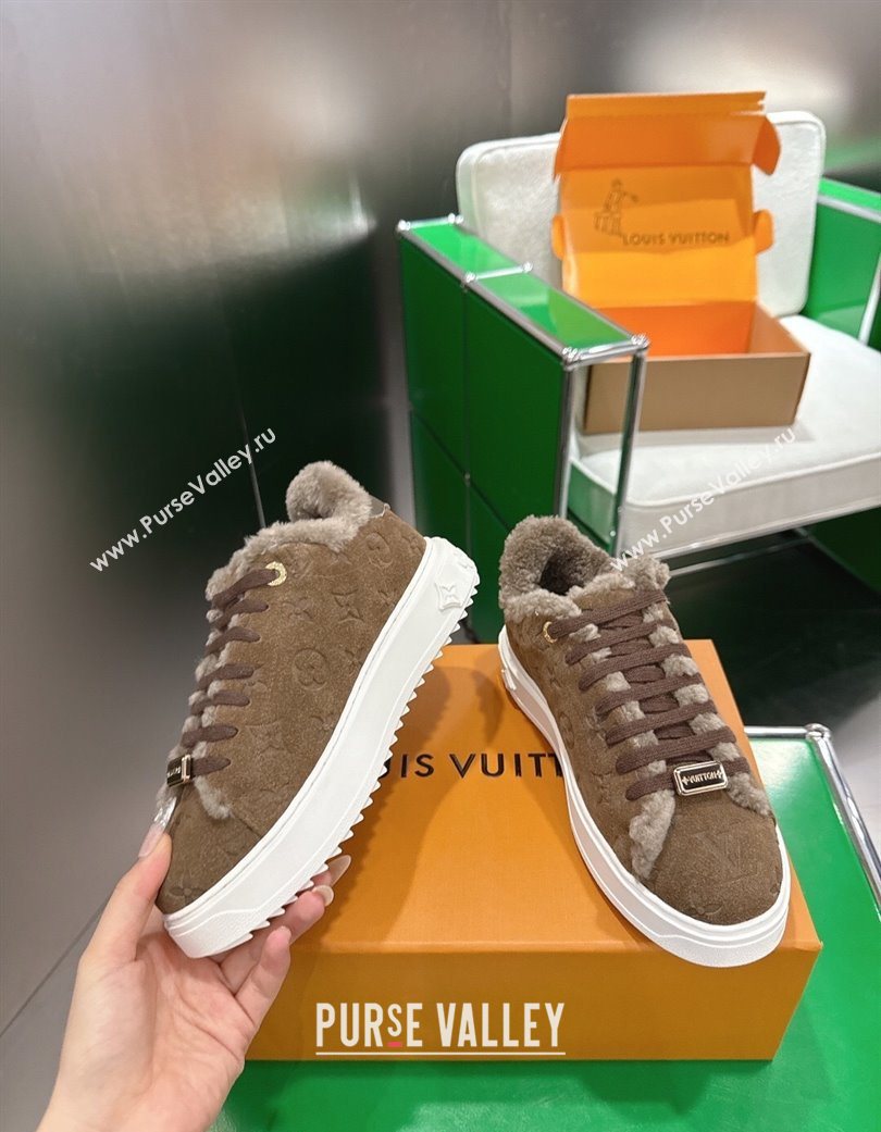 Louis Vuitton Time Out Sneakers in Monogram Embroidered Suede Dark Brown 2025 1AIDIC (MD-251219101)