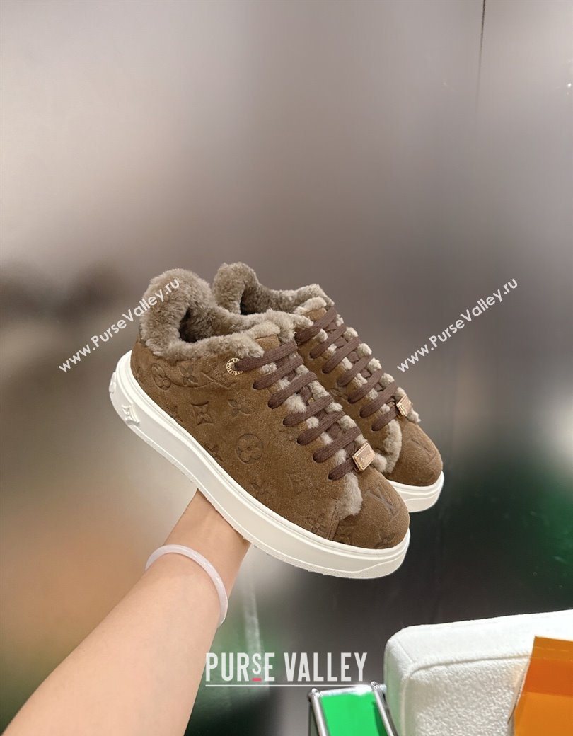 Louis Vuitton Time Out Sneakers in Monogram Embroidered Suede Dark Brown 2025 1AIDIC (MD-251219101)