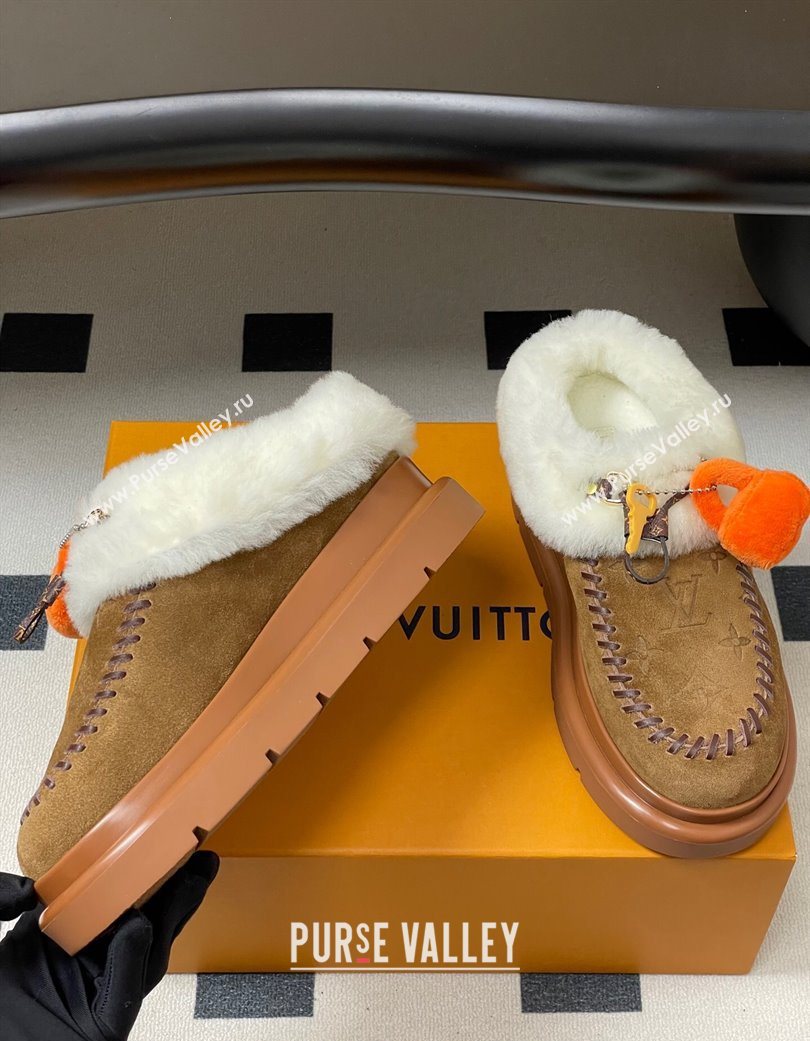 Louis Vuitton Cortina Closed Mules in Suede and Wool Brown 2025 1AITIN (MD-251219107)