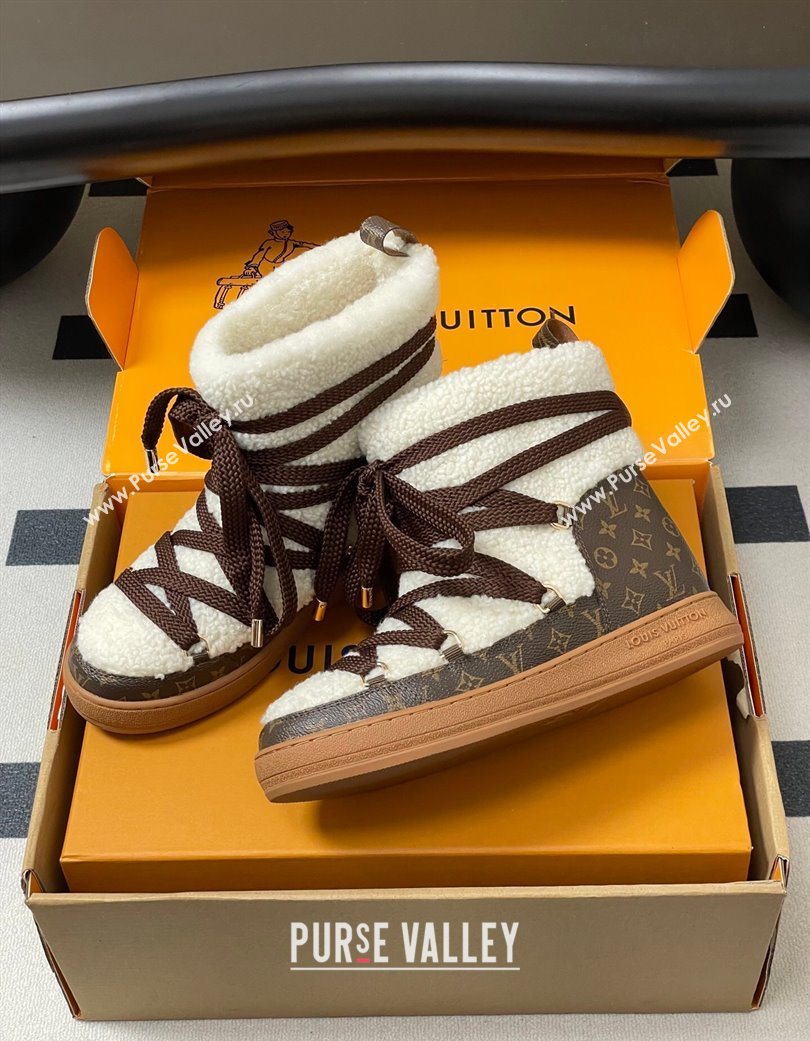 Louis Vuitton LV Cloud Lace-Up Ankle Boot Sneakers in Shearling and Monogram Canvas White 2025 1AIV15 (MD-251219090)