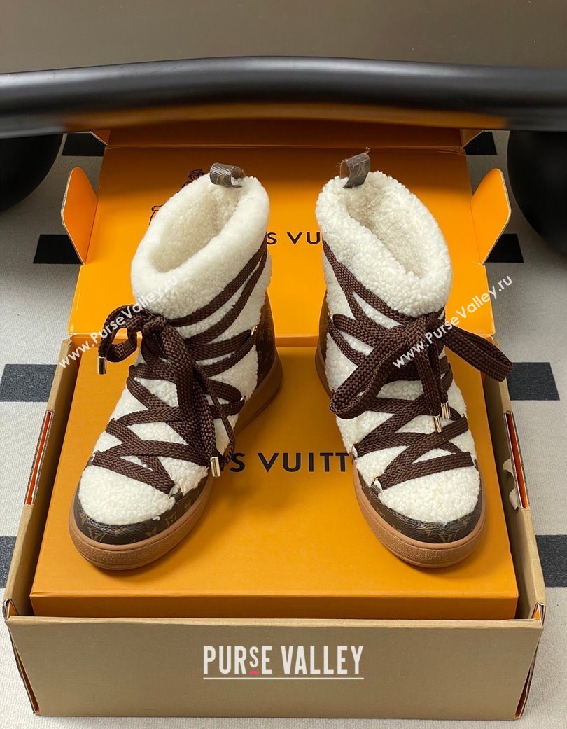 Louis Vuitton LV Cloud Lace-Up Ankle Boot Sneakers in Shearling and Monogram Canvas White 2025 1AIV15 (MD-251219090)