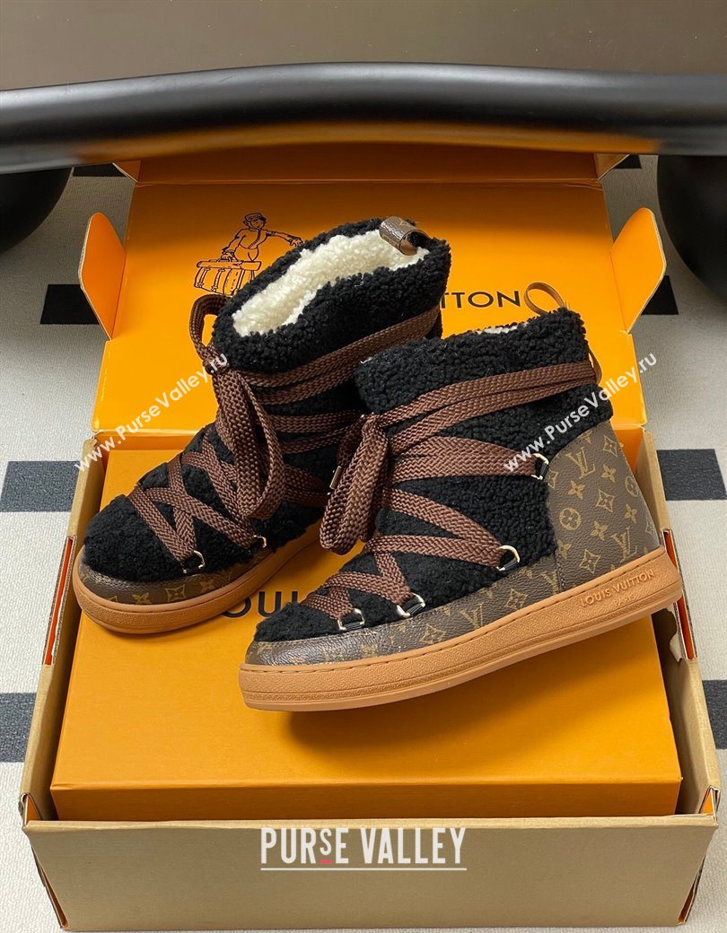 Louis Vuitton LV Cloud Lace-Up Ankle Boot Sneakers in Shearling and Monogram Canvas Black 2025 1AIV15 (MD-251219091)