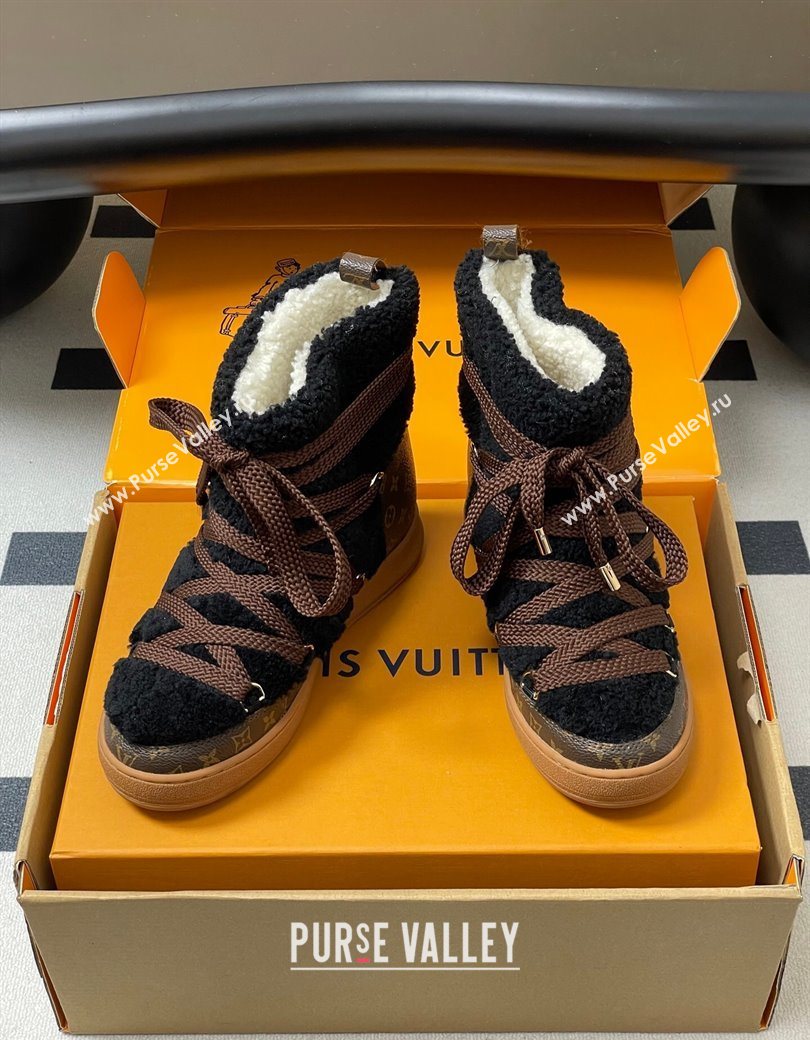 Louis Vuitton LV Cloud Lace-Up Ankle Boot Sneakers in Shearling and Monogram Canvas Black 2025 1AIV15 (MD-251219091)