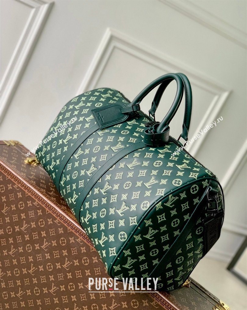 Louis Vuitton Mens Keepall Bandouliere 50 Travel Bag in Monogram Shadow Leather Forest Green 2026 M27179 (KI-260202095)