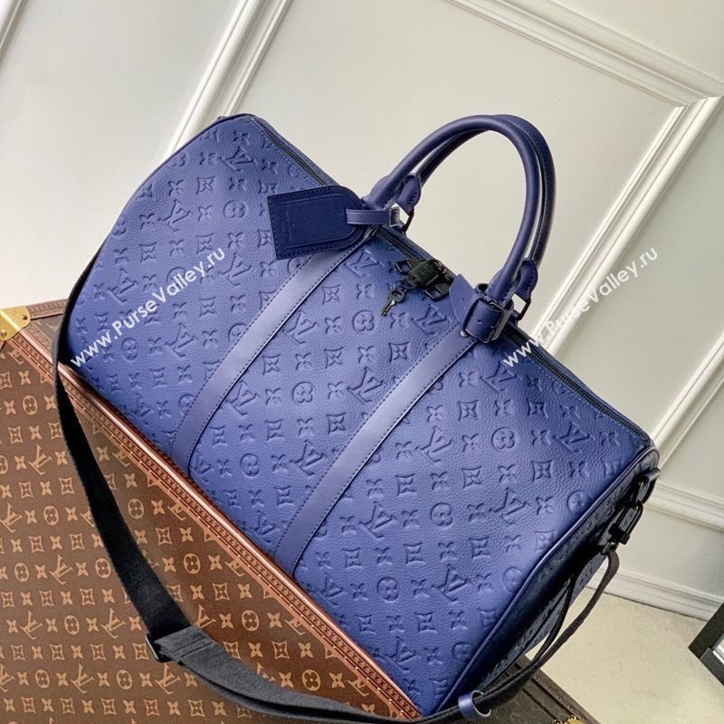 Louis Vuitton Mens Keepall Bandouliere 50 Travel Bag in Monogram Taurillon Leather Blue 2026 M11495 (KI-260202096)