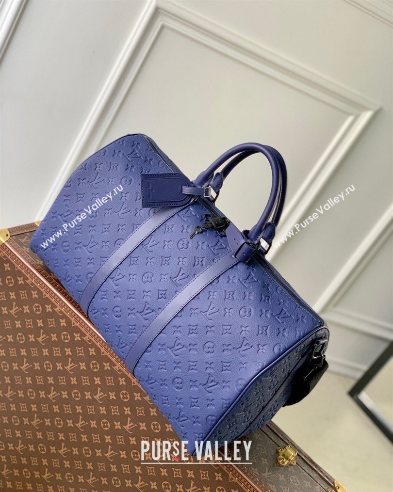Louis Vuitton Mens Keepall Bandouliere 50 Travel Bag in Monogram Taurillon Leather Blue 2026 M11495 (KI-260202096)
